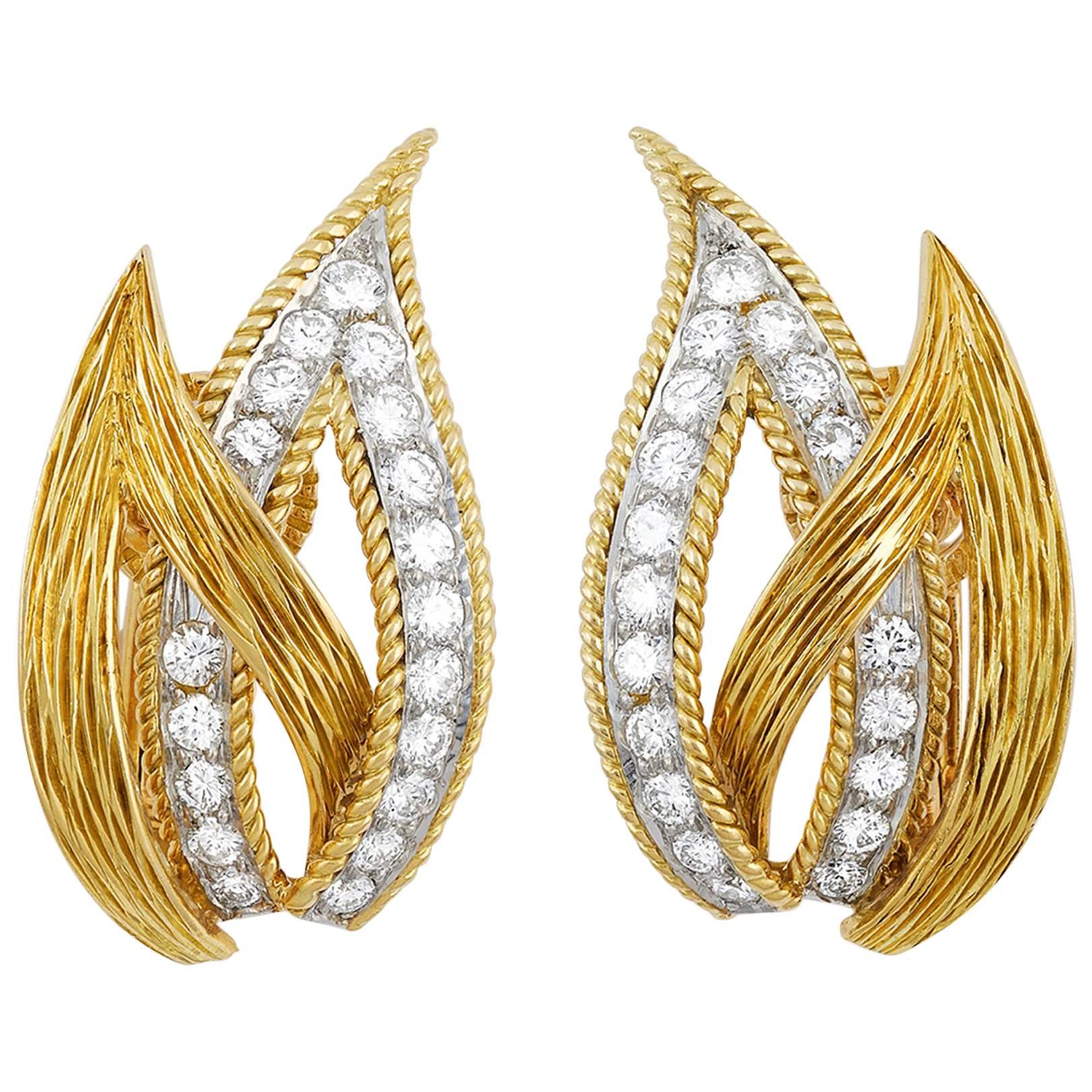 1970s French 18 Karat Yellow Gold and Diamond Clip-on Earrings  For Sale