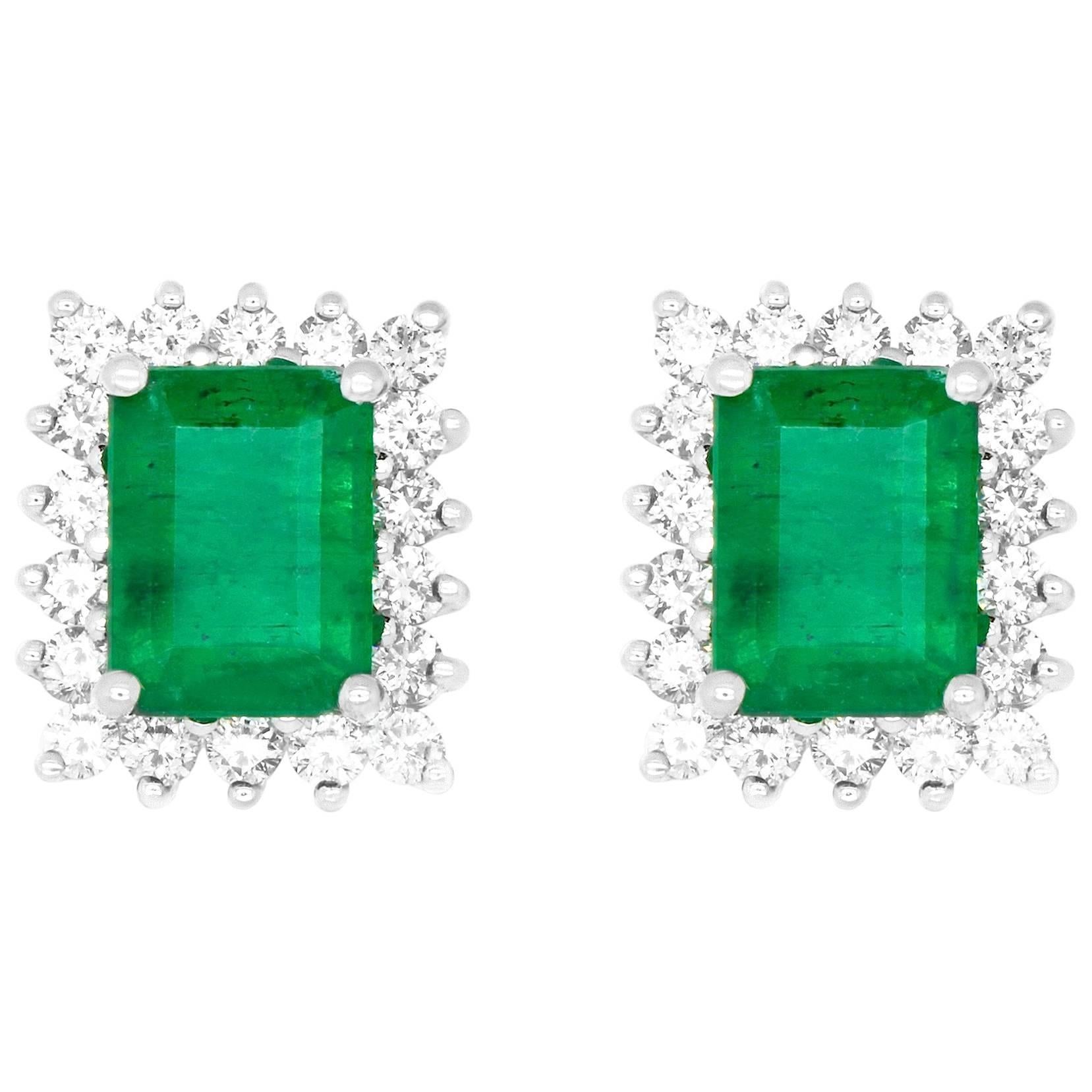 Alberto 3.33 Carat Emerald Cut Emerald and Diamond White Gold Stud Earring