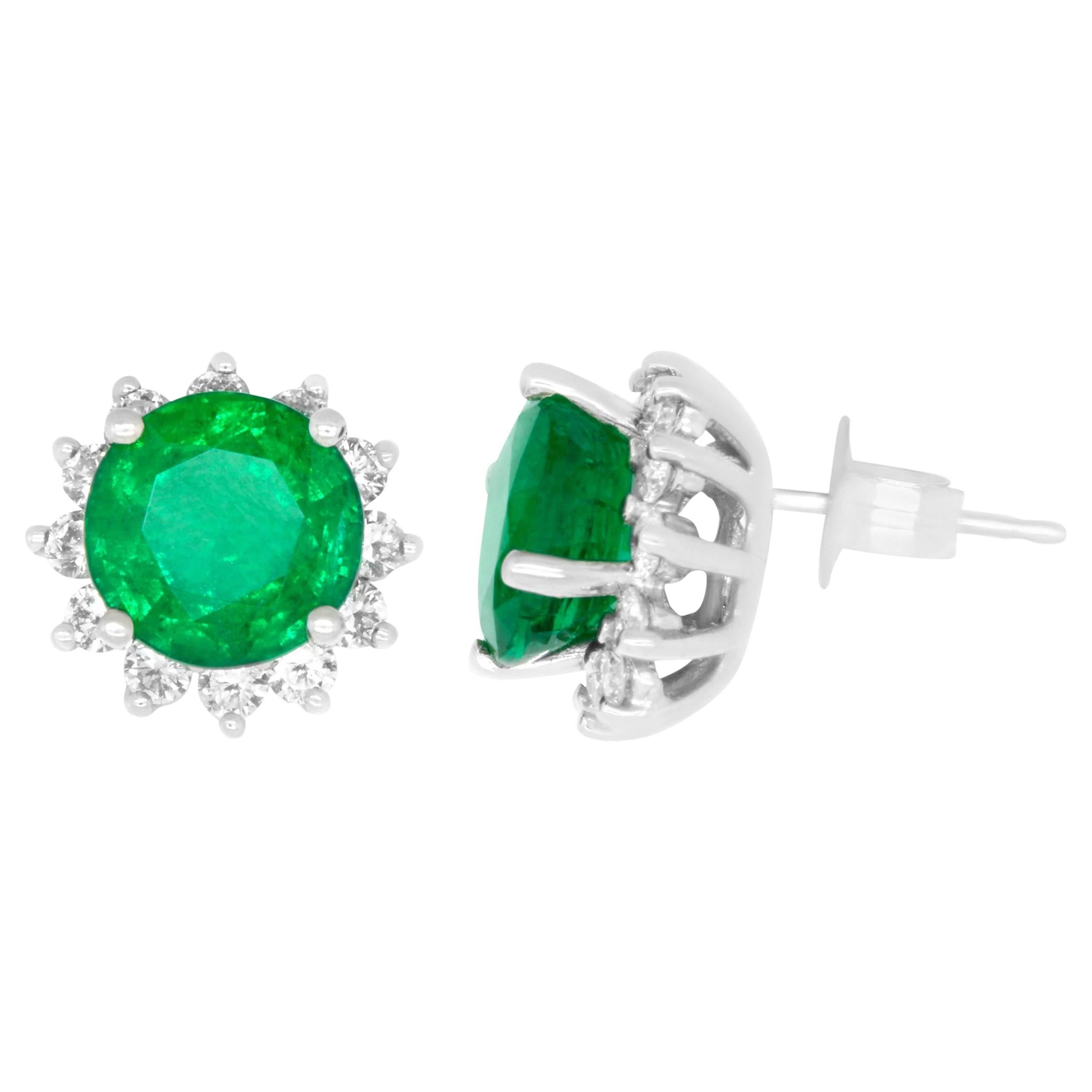 2.32 Carat Round Emerald & 0.98 Carat White Diamond Stud Earring