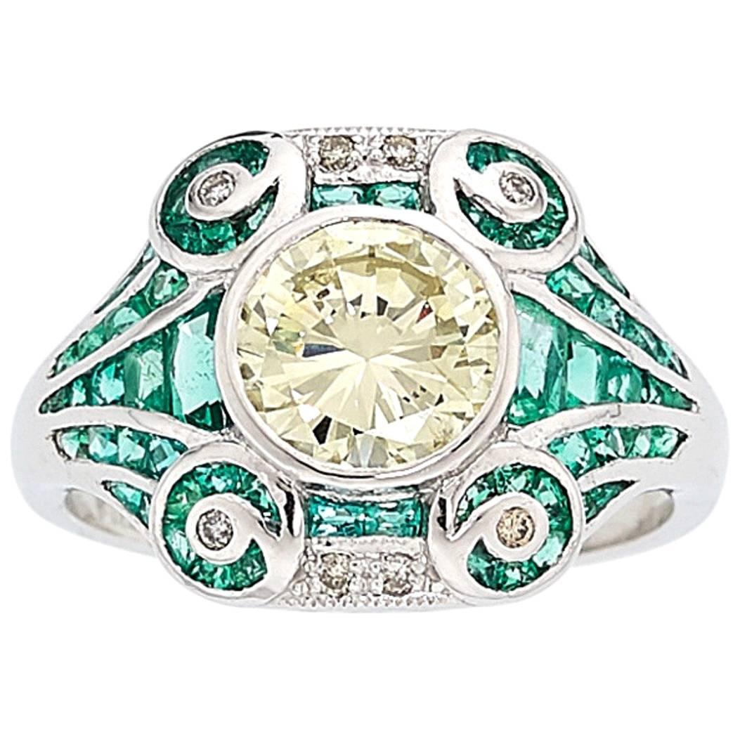 Natural Yellow Diamond and Emerald Ring