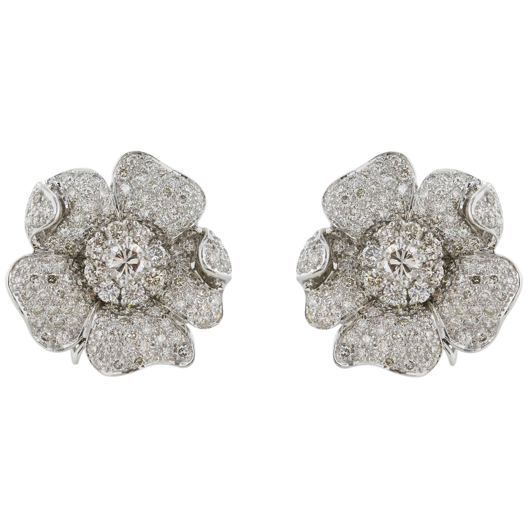 10.50 Carat Diamond Floral Clip Earrings For Sale