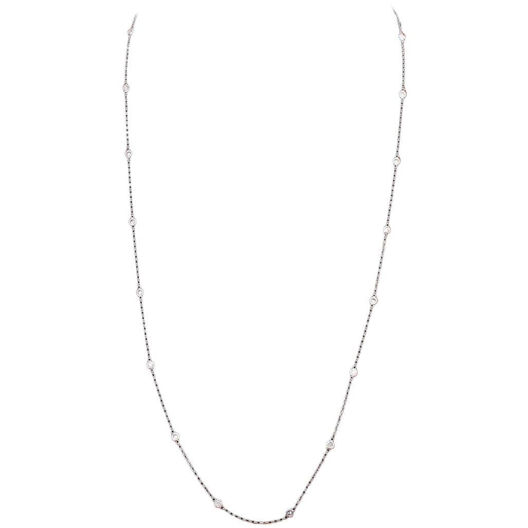 14 Karat White Gold Diamond by the Yard Necklace For Sale
