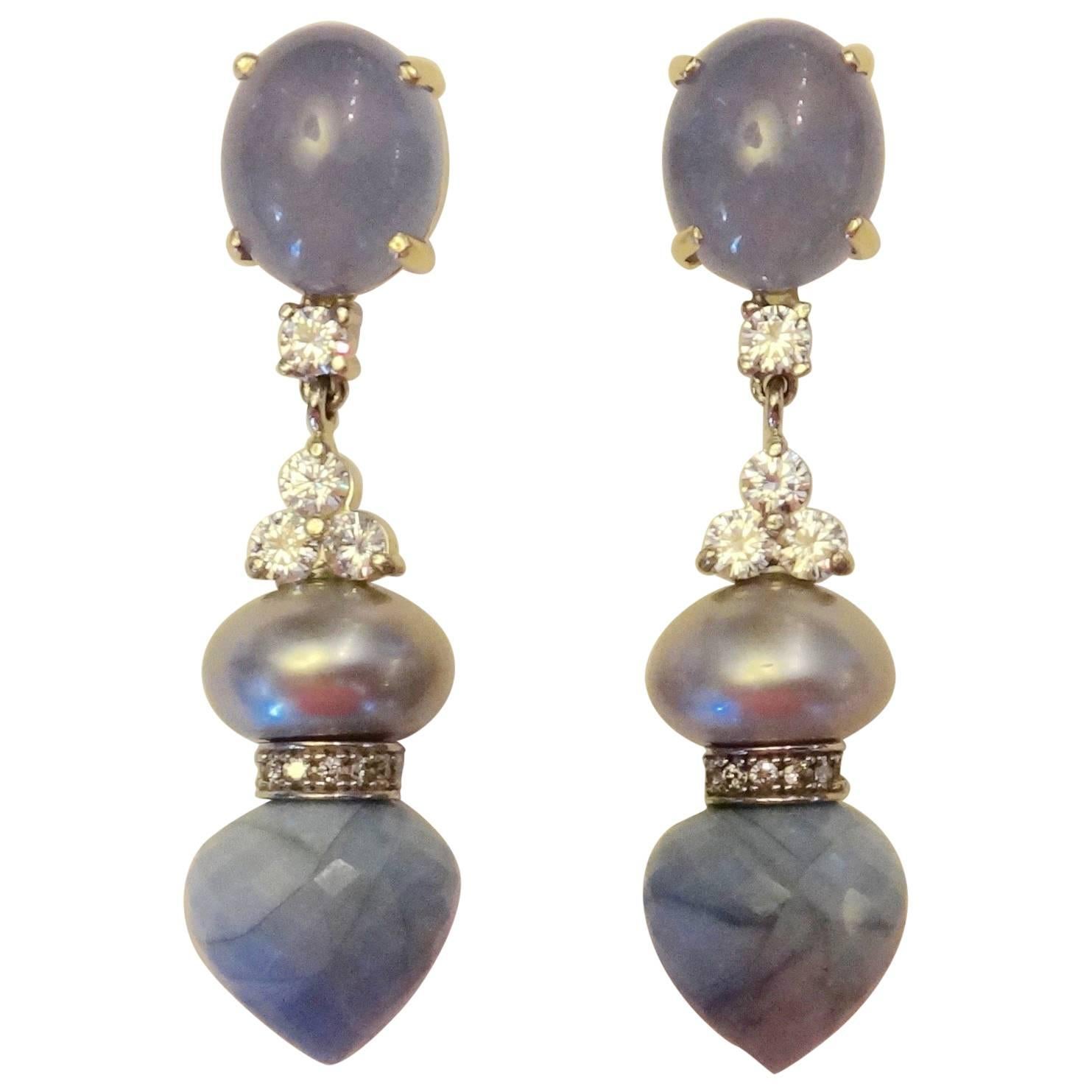 Michael Kneebone Blue Chalcedony Diamond Gray Pearl Blue Opal Dangle Earrings