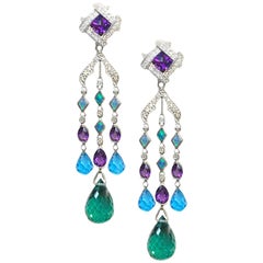 Long Amethyst, Opal, Blue Topaz and Diamond Dangle Earrings