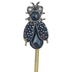Antique Georgian, Rose Cut Garnet and Seed Pearl, Fly Stick Pin, circa 1800