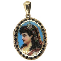 14 Karat Yellow Gold Victorian Old Mine Cut Diamond and Enamel Pendant