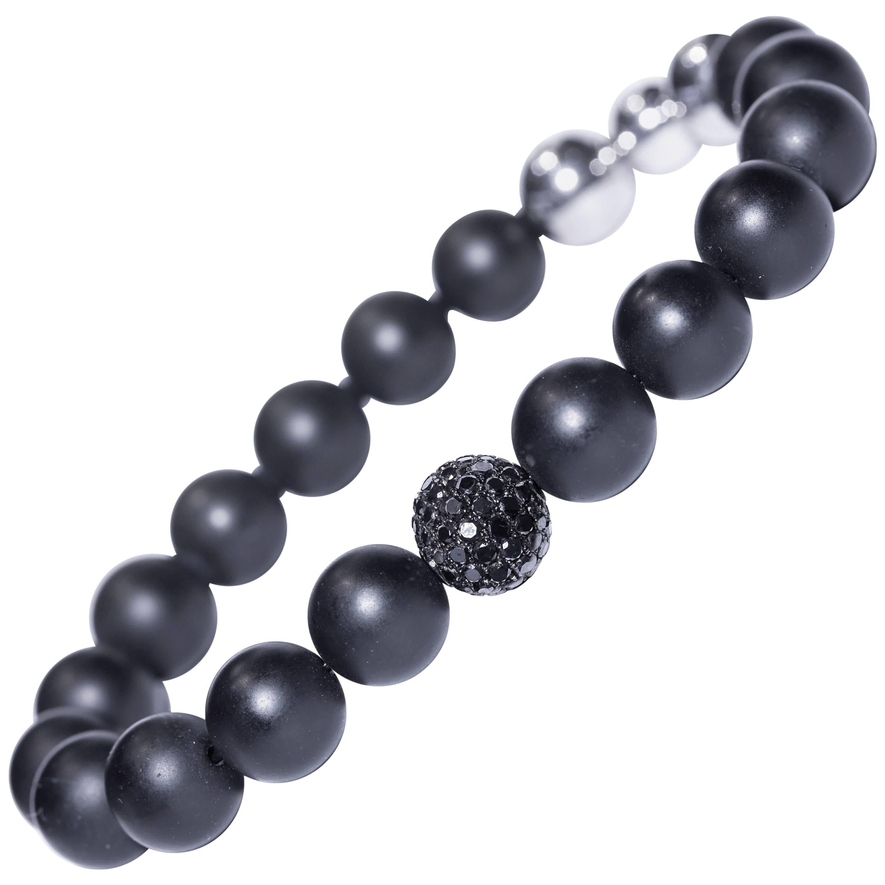 Bracelet de perles pour hommes en acier et agate noire en or 18 carats avec diamants ronds de 1,80 carat et diamants taille G/VS 