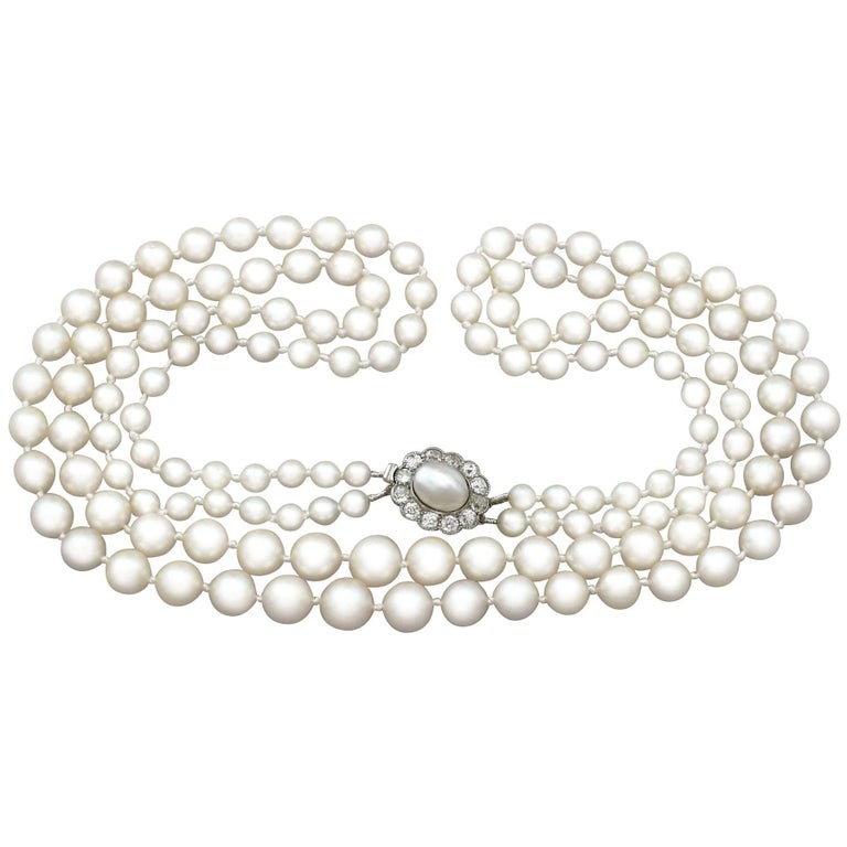 Double Strand Pearl and Diamond Yellow Gold Necklace For Sale at 1stdibs