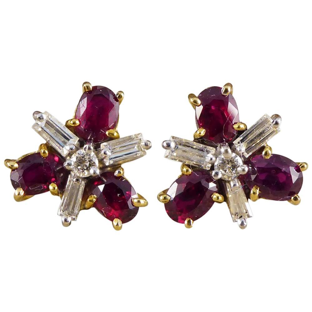 Ruby and Diamond Cluster Earrings in 18 Carat Gold