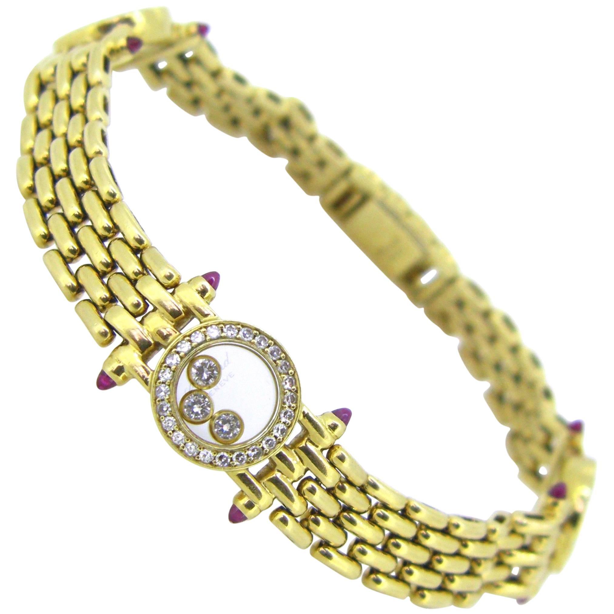Chopard Happy Diamond and Cabochon Ruby Yellow Gold Bangle Bracelet
