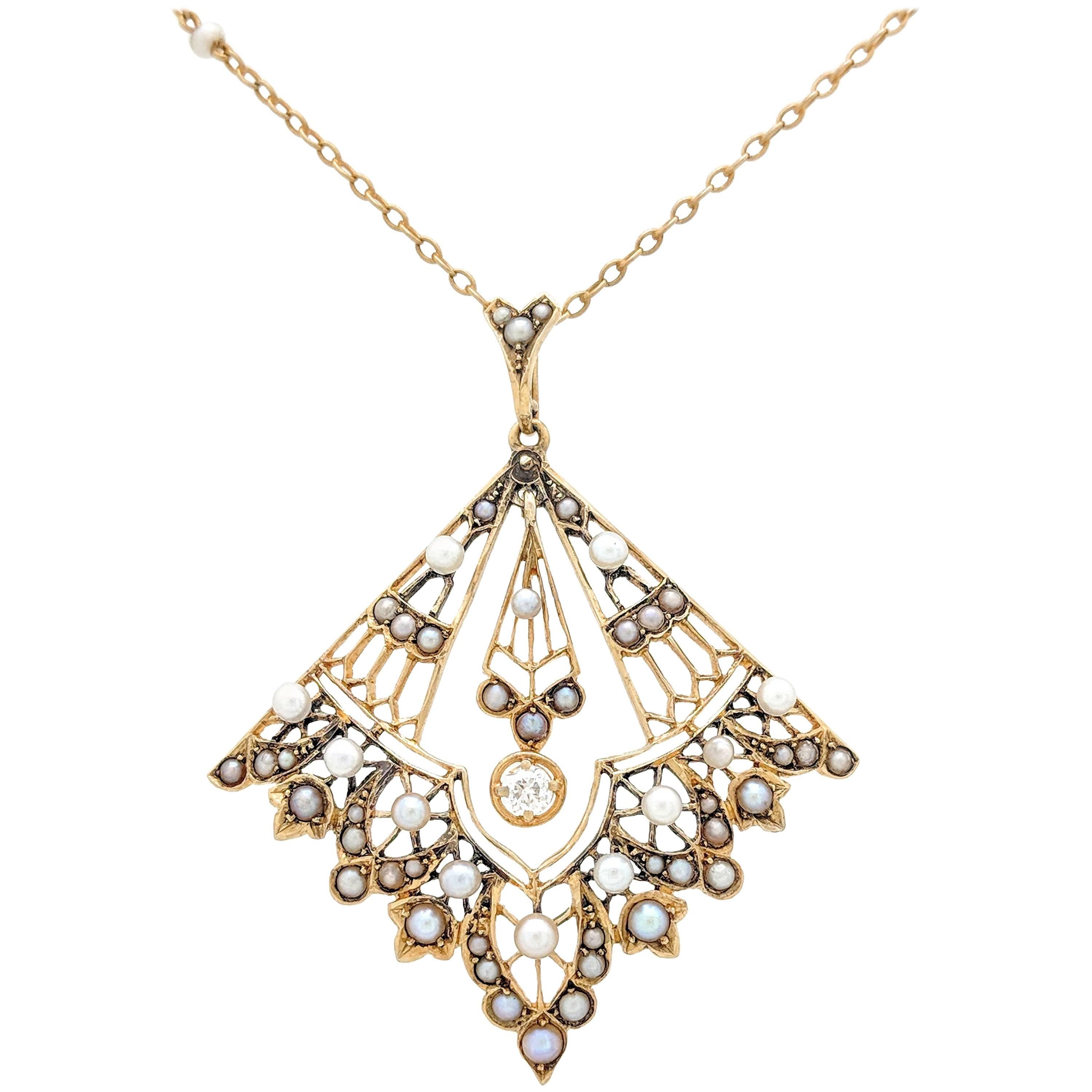14 Karat Yellow Gold Victorian Diamond and Seed Pearl Pendant Necklace