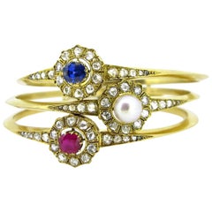 French Victorian Pearl, Sapphire, Ruby Rose Cut Diamonds Gold Bangles Bracelets