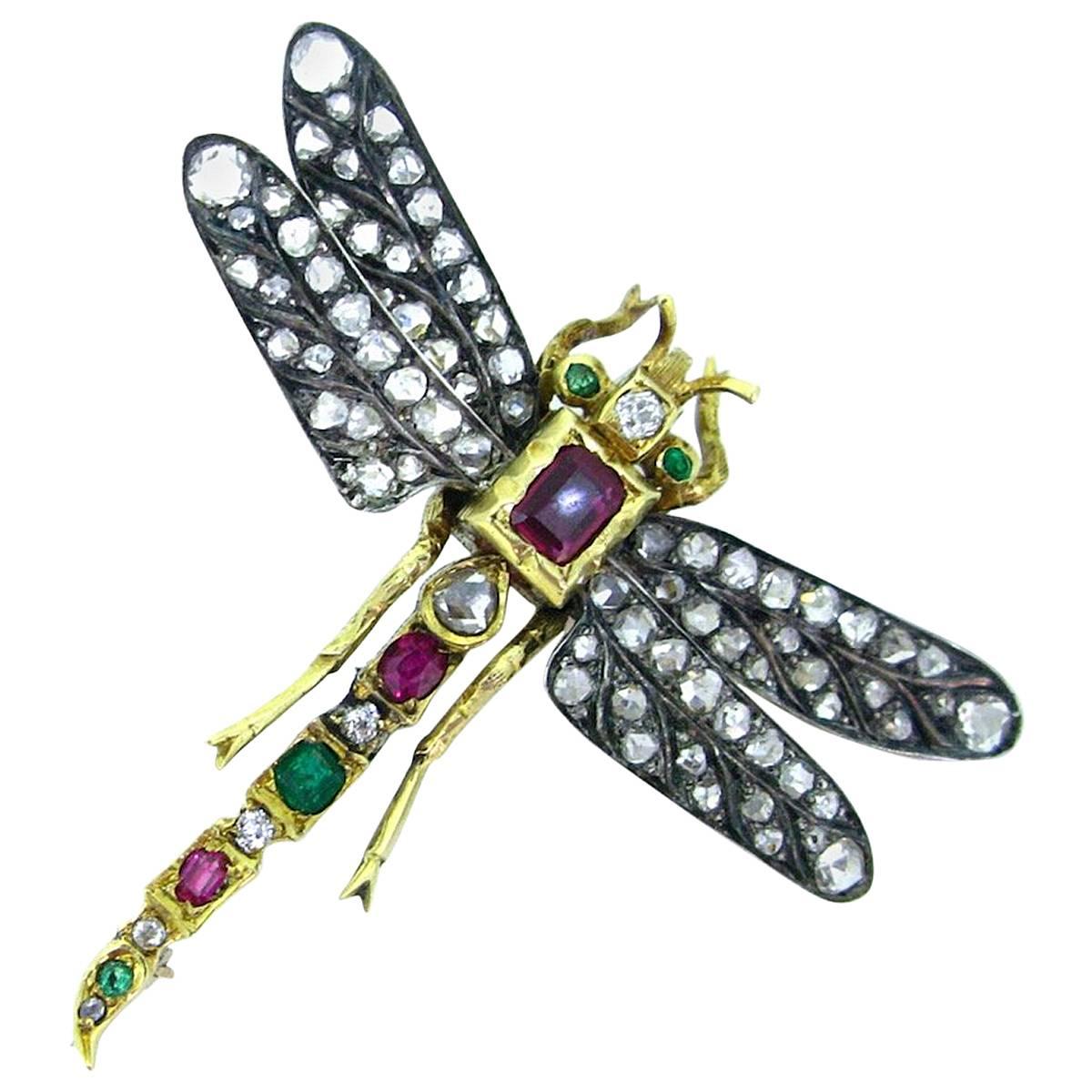 Victorian Dragonfly Diamond Ruby Emerald Brooch Gold and Silver 