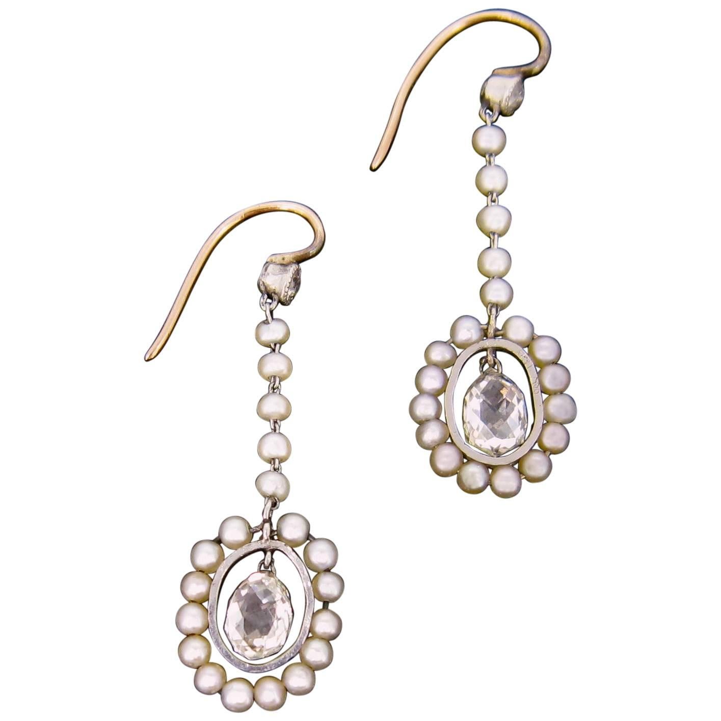 Briolette Cut Diamonds and Pearls Earrings Gold and Platinum, circa 1910