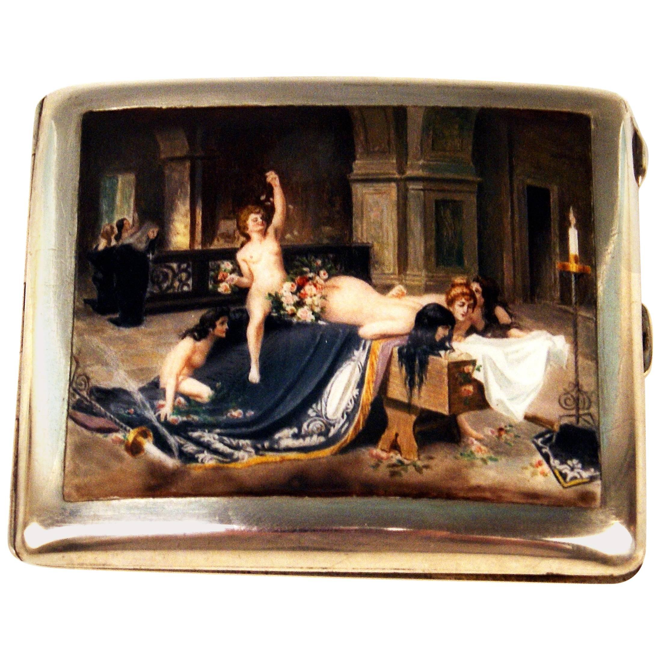 Silver 800 Erotica Cigarette Case Enamel Painting Lady Nudes in Church