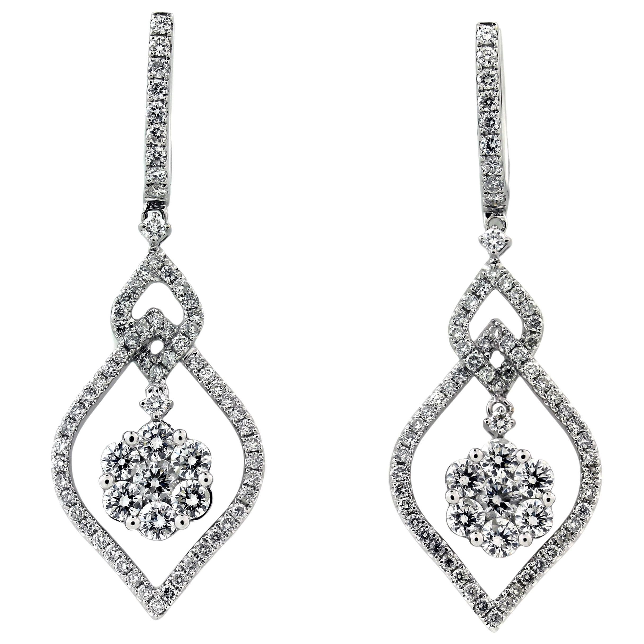 2.50 Carat Diamond Cluster White Gold Drop Earrings