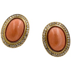 1.92 Carat Diamonds, 30.80 Carat Oval Coral 14 Karat Yellow Gold Earrings