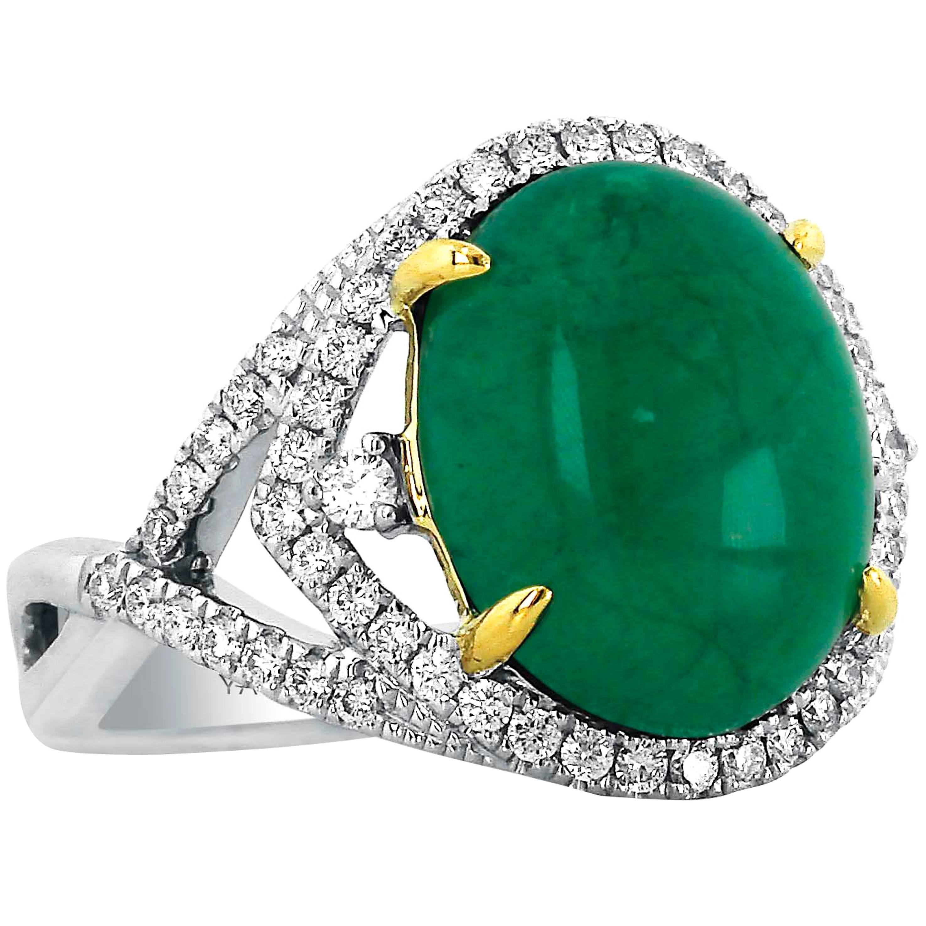 Yael Designs Oval Cabochon Emerald Diamond Gold Ring For Sale