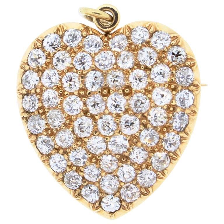 Late Victorian 18k Yellow Gold Old European Cut Diamond Heart Pin Pendant