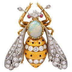 Diamond Enamel Opal Gold Platinum Brooch Pin