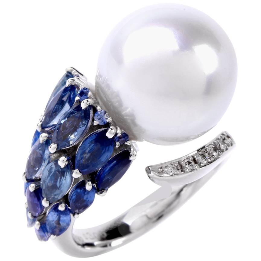 Modern South Sea Pearl Marquise Sapphire Diamond Cocktail Ring