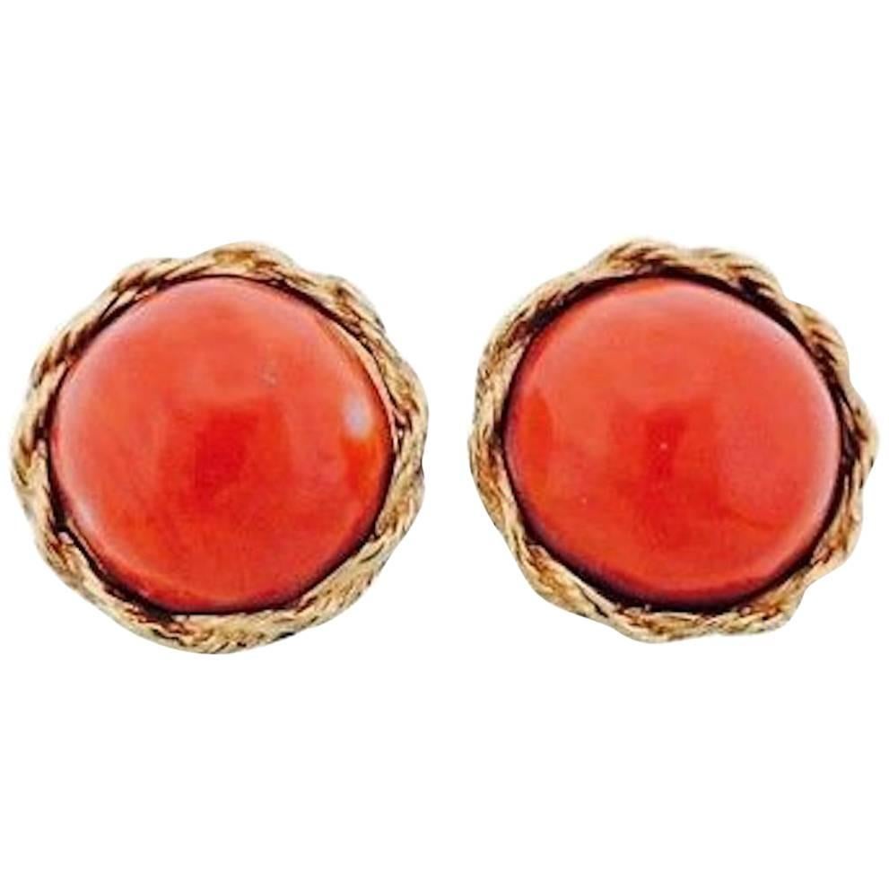 Midcentury 14 Karat Gold Red Coral Cabochon Clip Drop Earrings