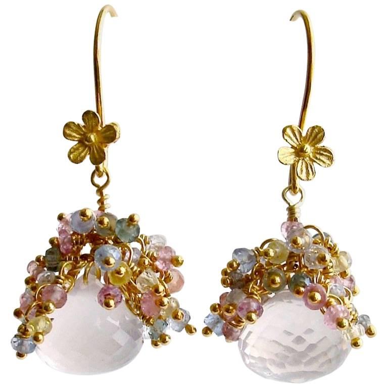 Rose Quartz Pastel Sapphires Cluster Tendrils Earrings