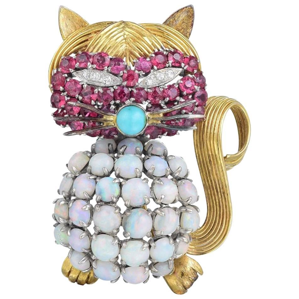 14K Yellow Gold Opal Ruby Diamond and Turquoise Cat Brooch