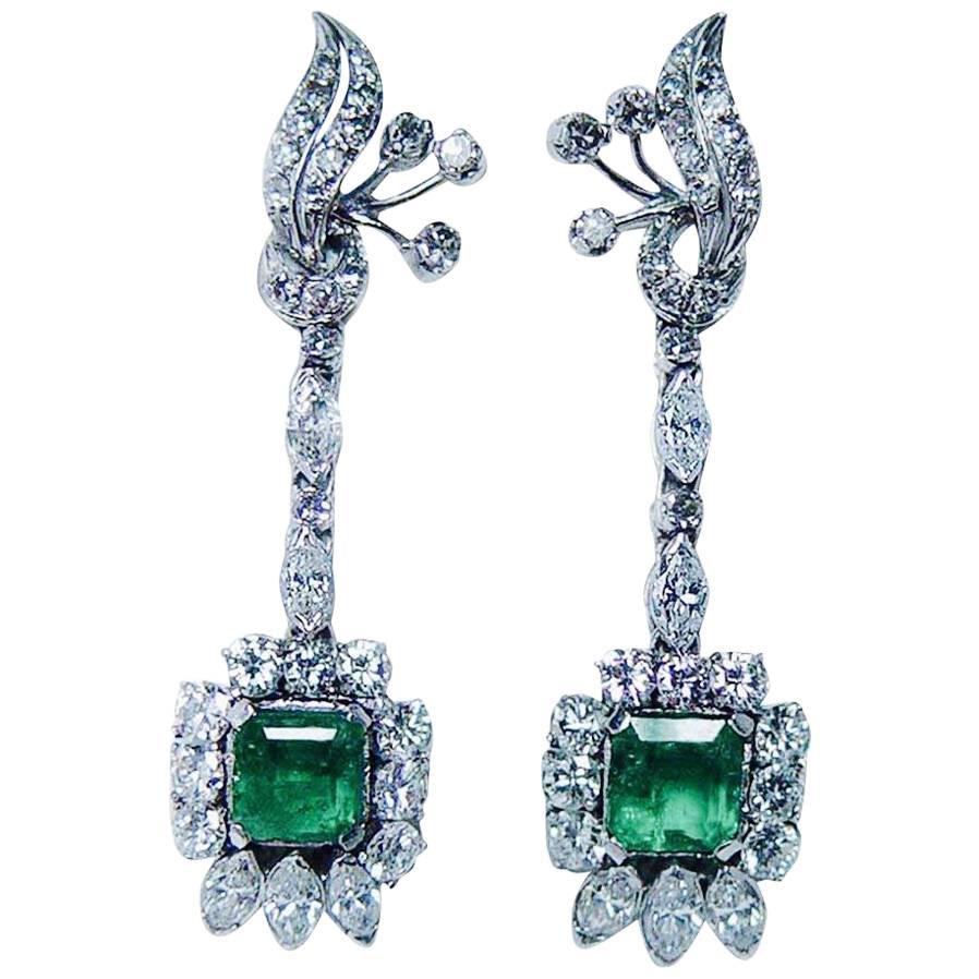 1950s Emerald Diamond Dangle Earrings