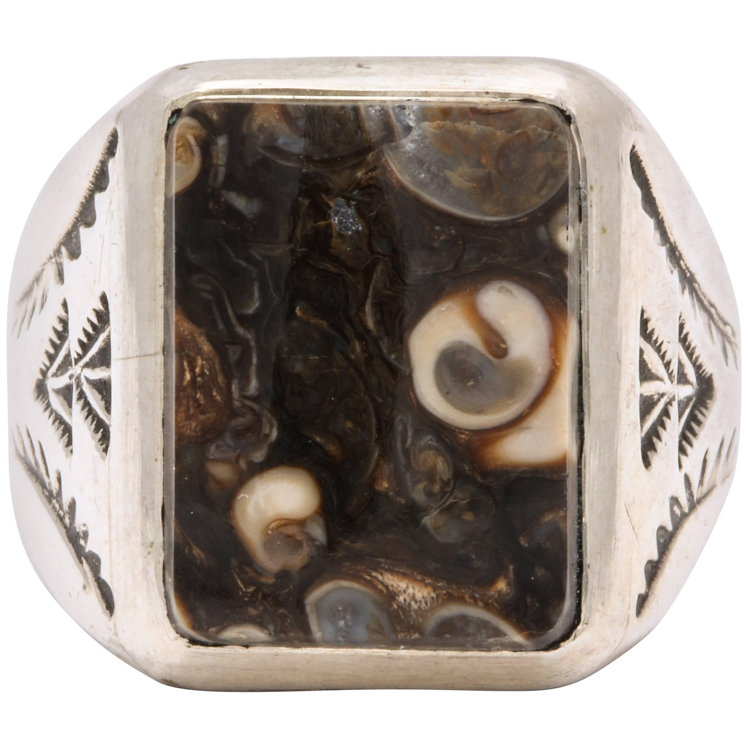 Vintage Sterling Navajo Fossil Ring For Sale