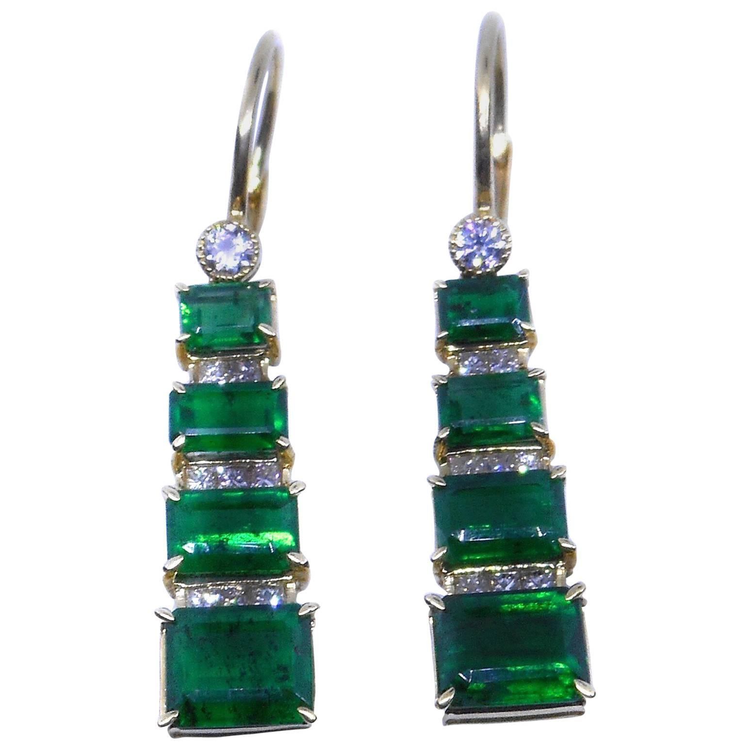 Emerald Diamond Drop Earrings 18 Carat Yellow Gold 5.61 Carat