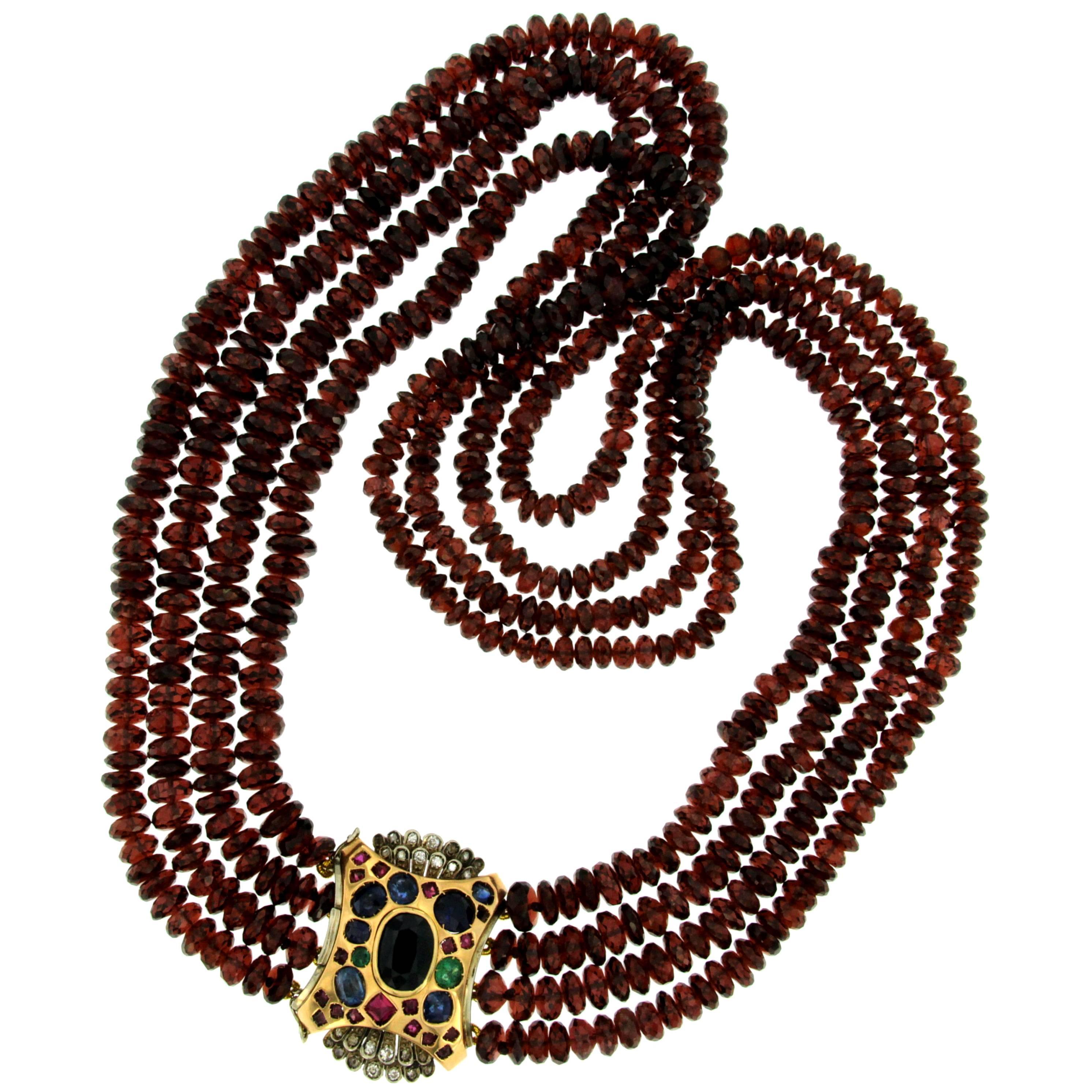 Vintage Garnet Three-Strand Necklace Diamond Sapphire Ruby Emerald Clasp