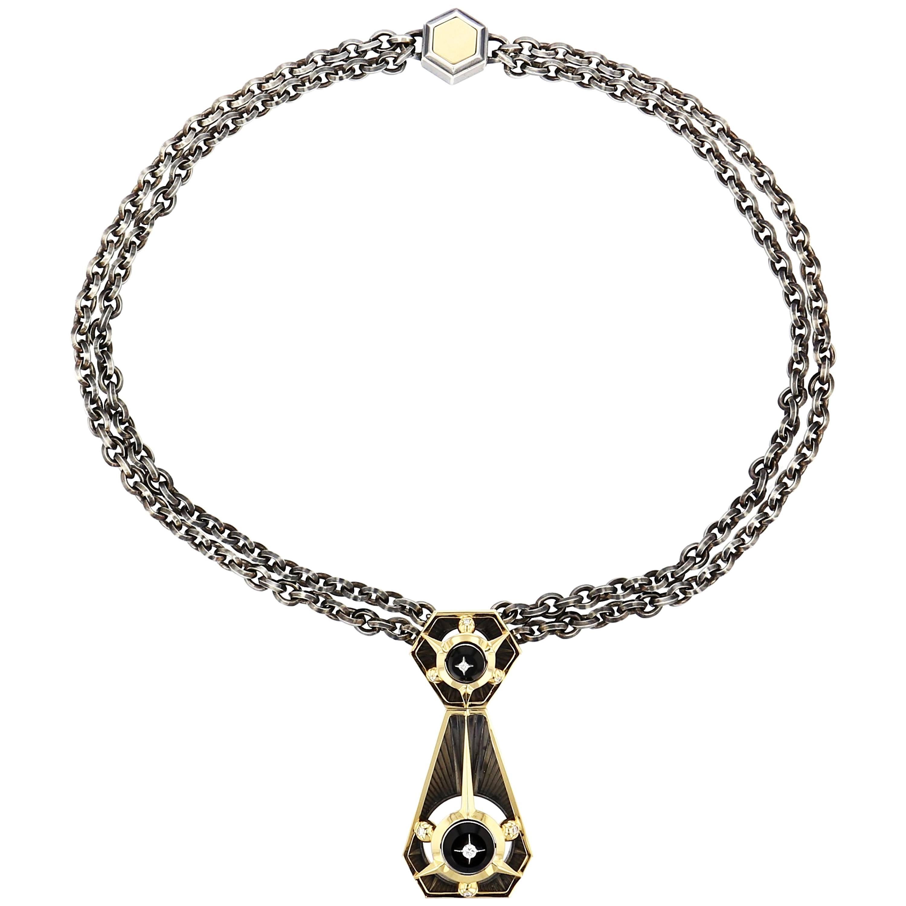 Élie Top Étoile Mysterieuse Collier Cravate or Jaune Onyx Diamants For Sale