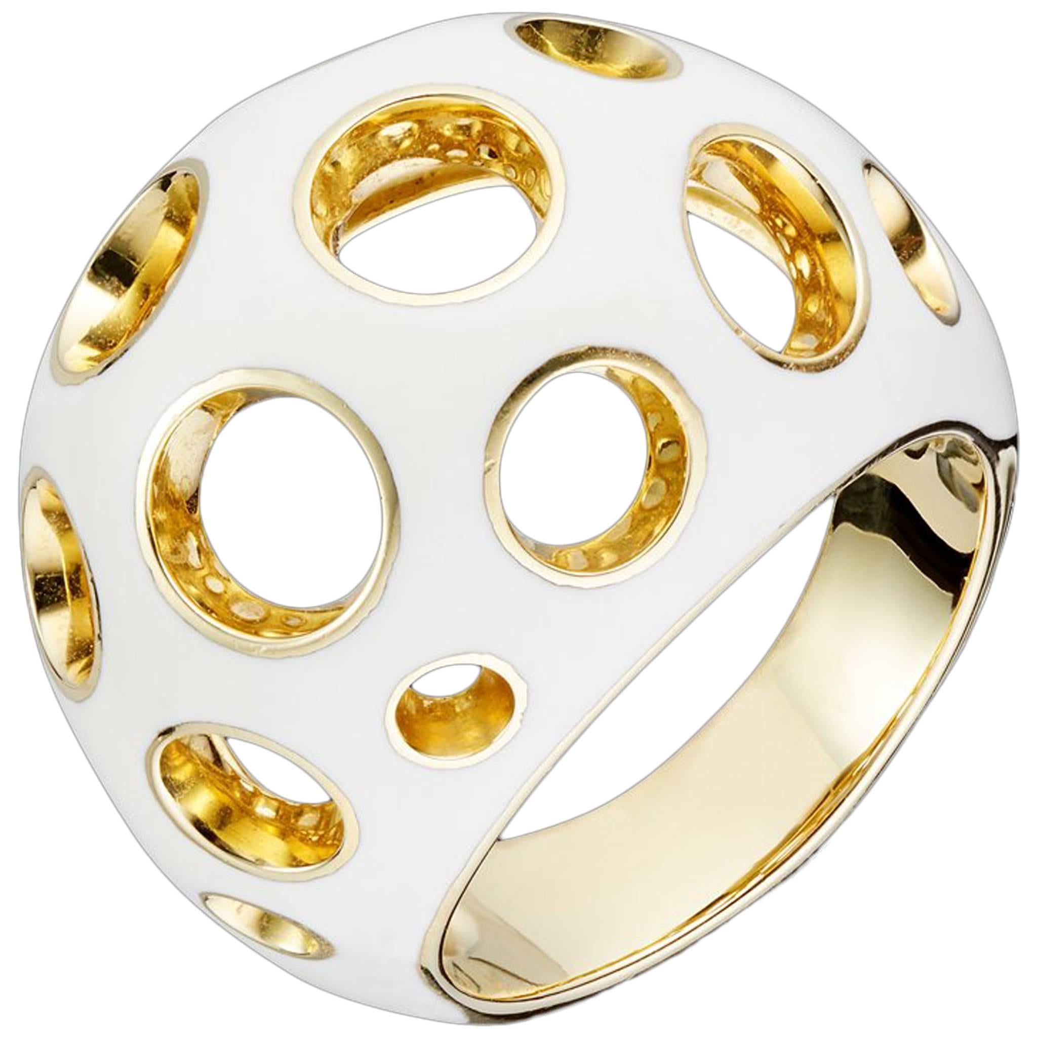 Mellerio "Dits Meller" Iconic Ring White Enamel and 18 Carat Yellow Gold For Sale