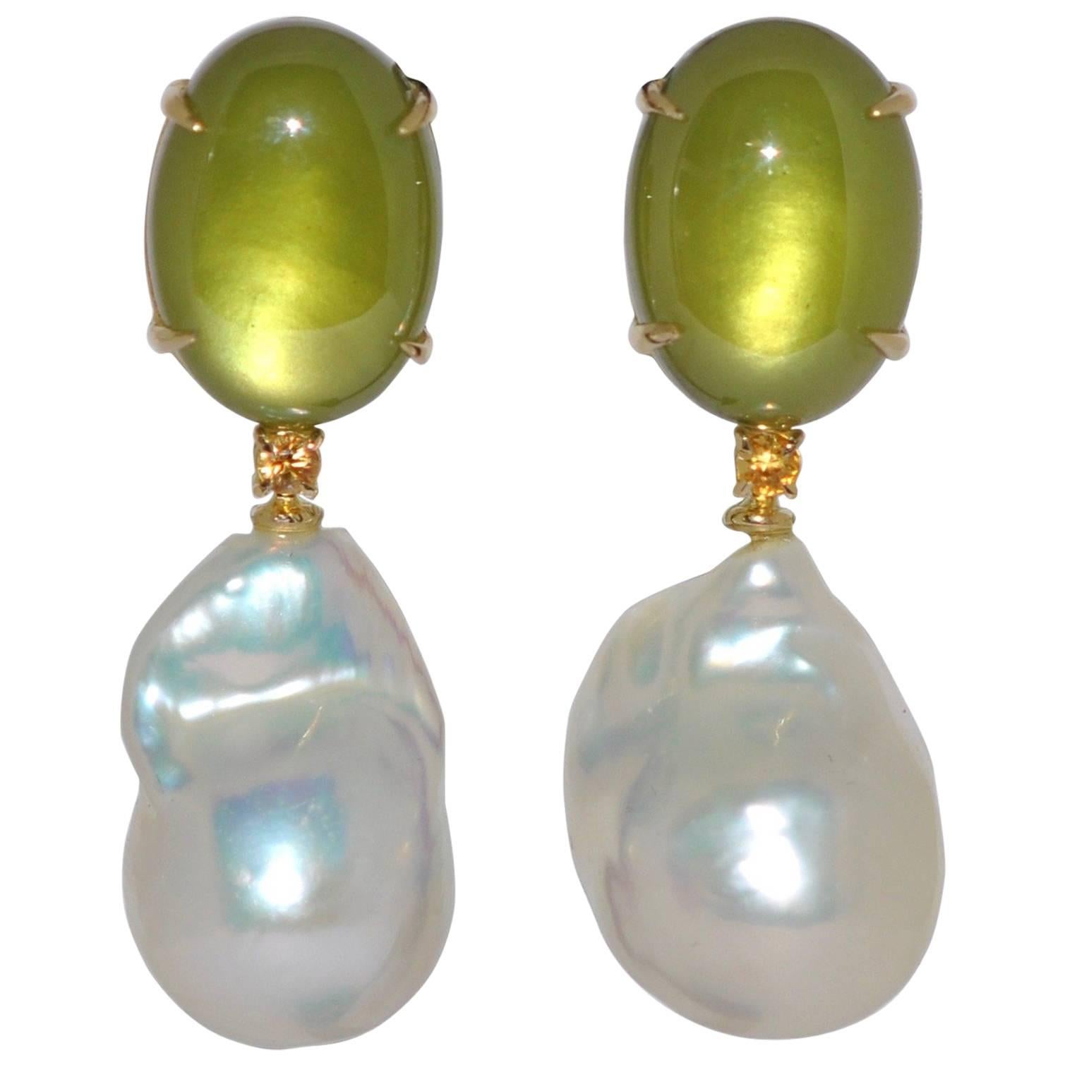 Green Quartz, Pearls and Yellow Sapphires, Yellow Gold Chandelier Earrings