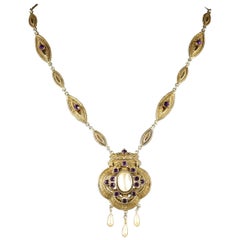 Antique Victorian Paste Stone Blister Pearl Gold Necklace, circa 1900