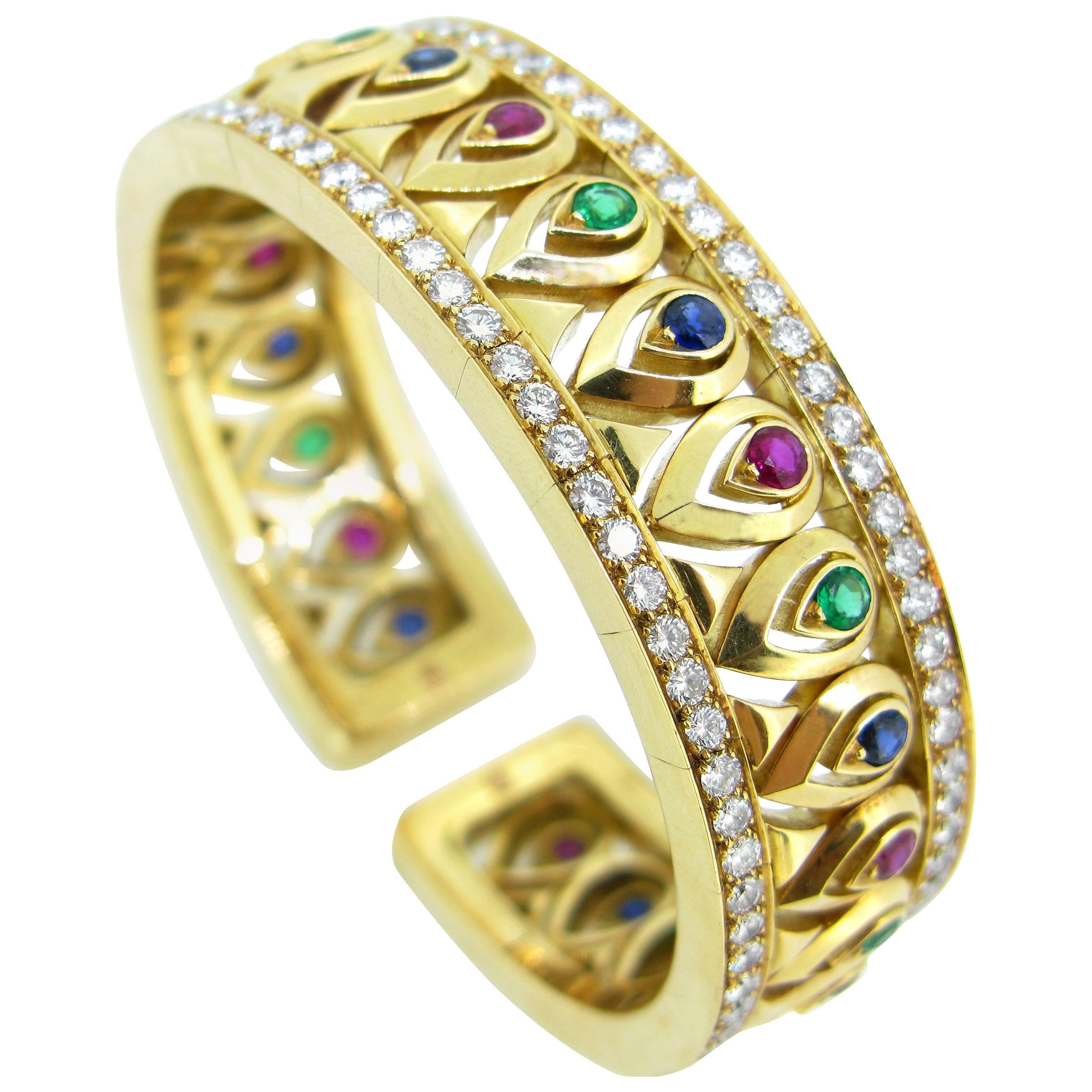 Cartier "Tanjore" Diamond Emerald Ruby Sapphire Yellow Gold Bangle Bracelet