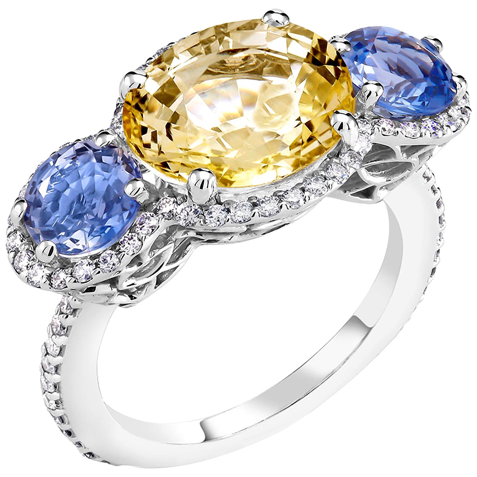 Diamond Blue and Yellow Sapphire Cocktail Ring Weighing 8.18 Carat