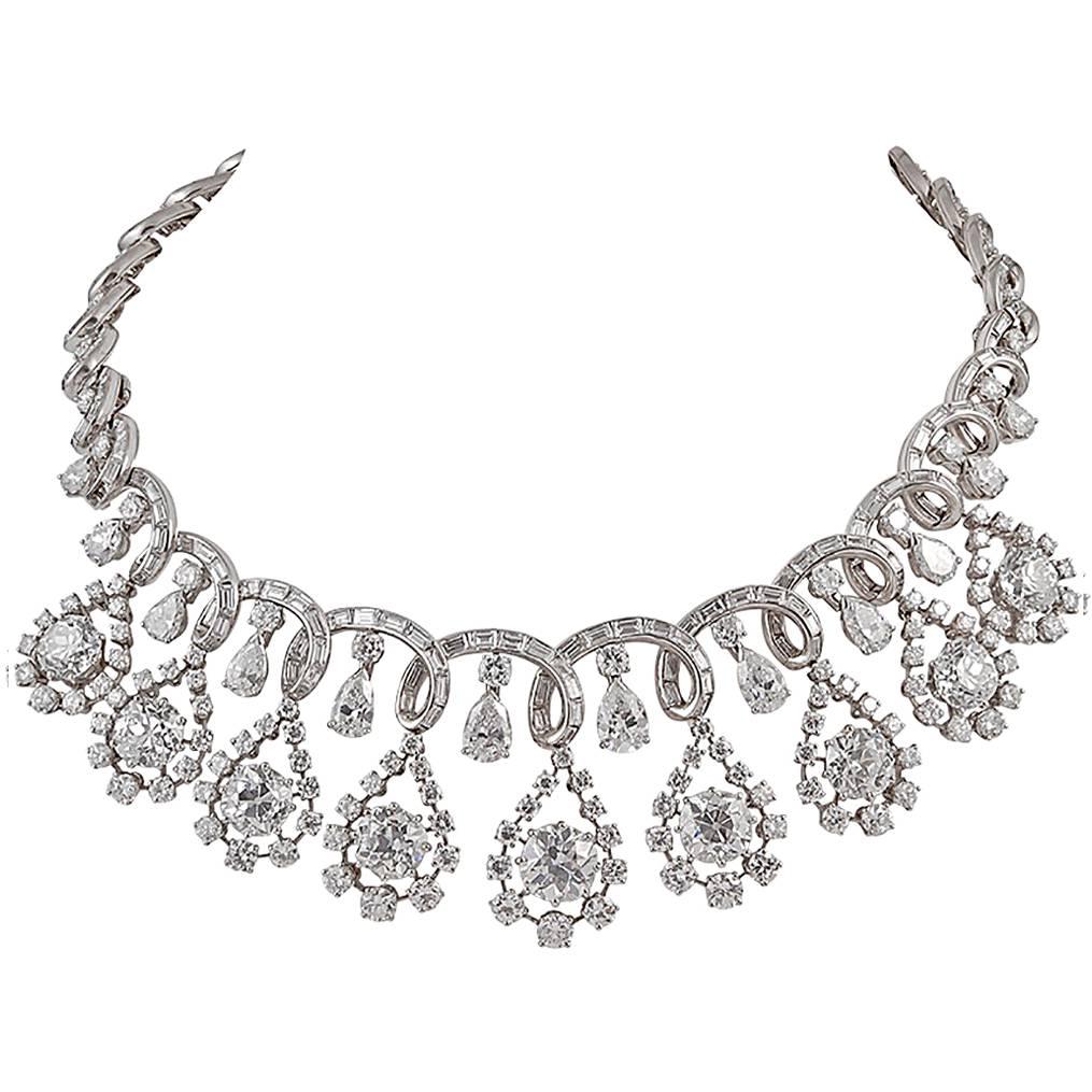 Platinum Diamond Necklace, circa 1960s For Sale