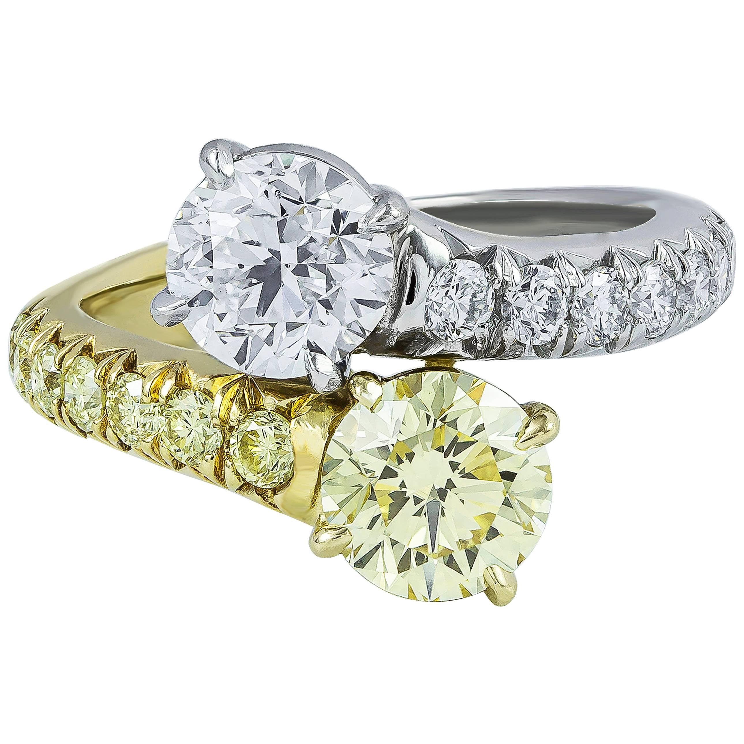 GIA Certified 2.01 Carats Total Yellow & White Diamond Bypass Engagement Ring