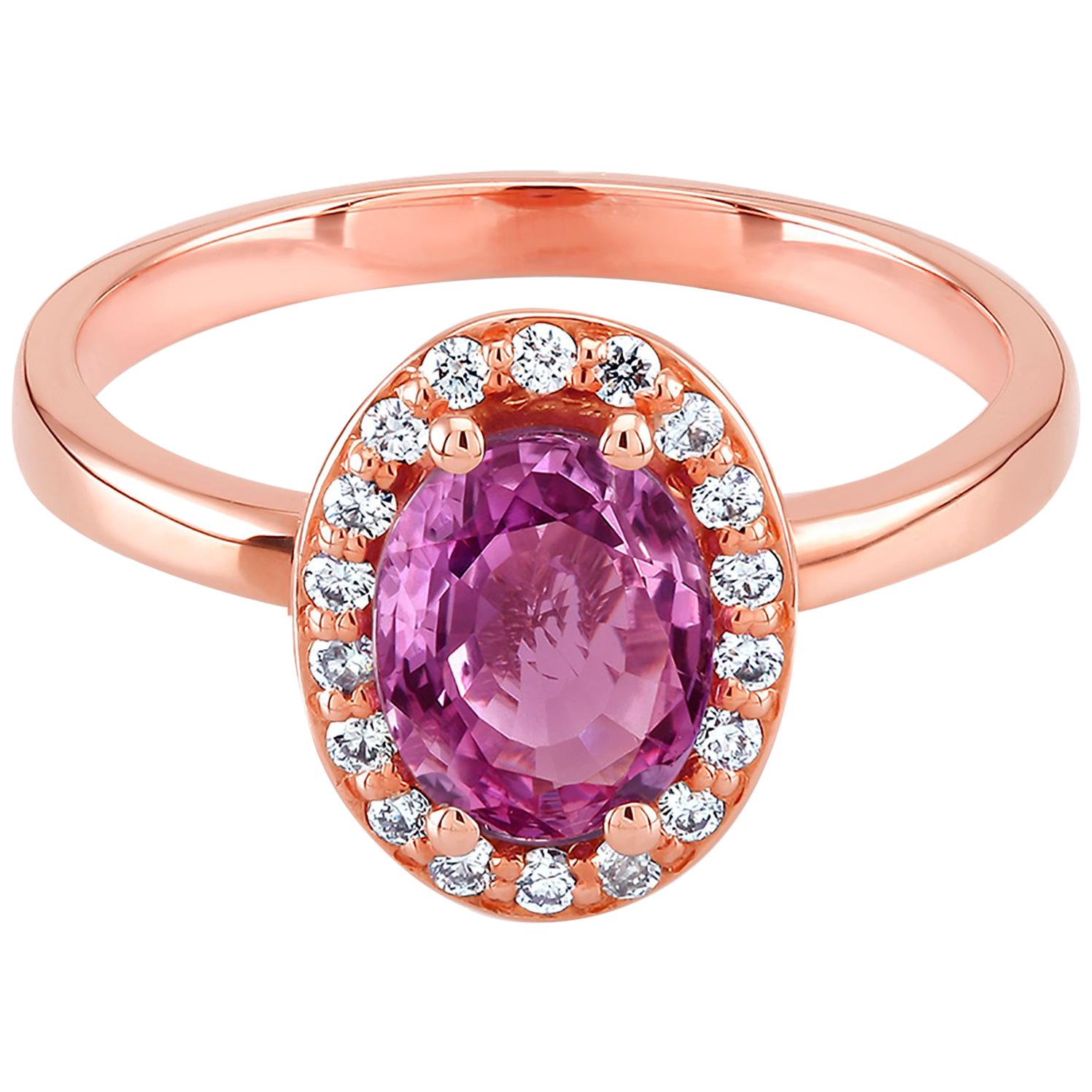 Eighteen karat rose gold cocktail ring 
Sri Lanka pink sapphire 1.08 carat  
Surrounded by  pave set diamonds weighing 0.34 carat
Ring size 6 In Stock
New Ring
One of a kind ring 
Ring can be resized 
OGI diamonds have no enhancement
OGI does not