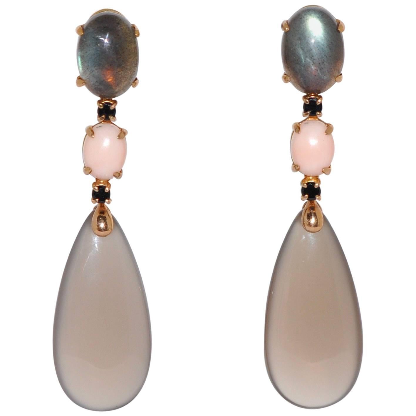 Labradorites, Corals, Spinels and Agates Yellow Gold Chandelier Earrings