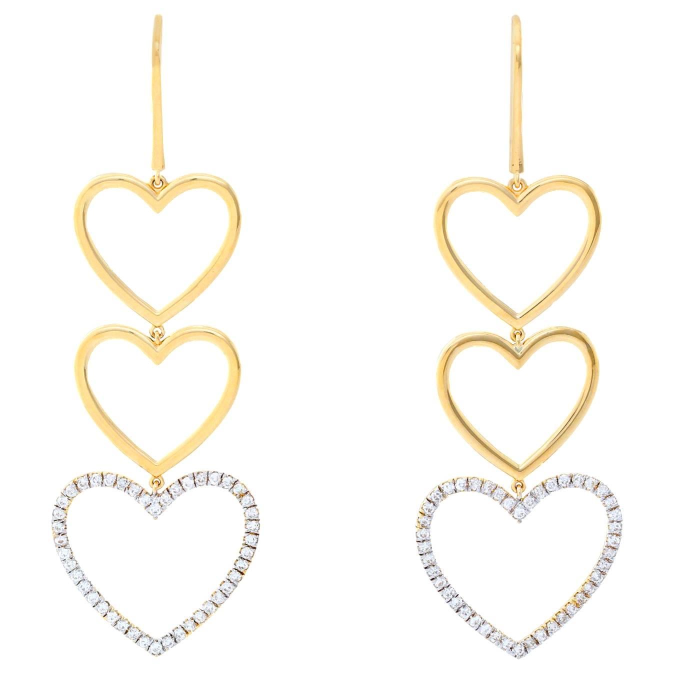 18 Karat Yellow Gold Heart Dangle Diamond Earrings at 1stDibs heart