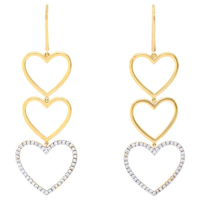 18 Karat Yellow Gold Heart Dangle Diamond Earrings at 1stDibs | heart ...