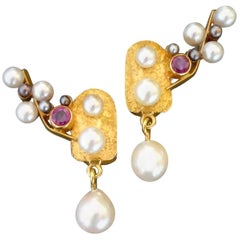 1970s German Ruby Pearl Gold Clip-On Earrings