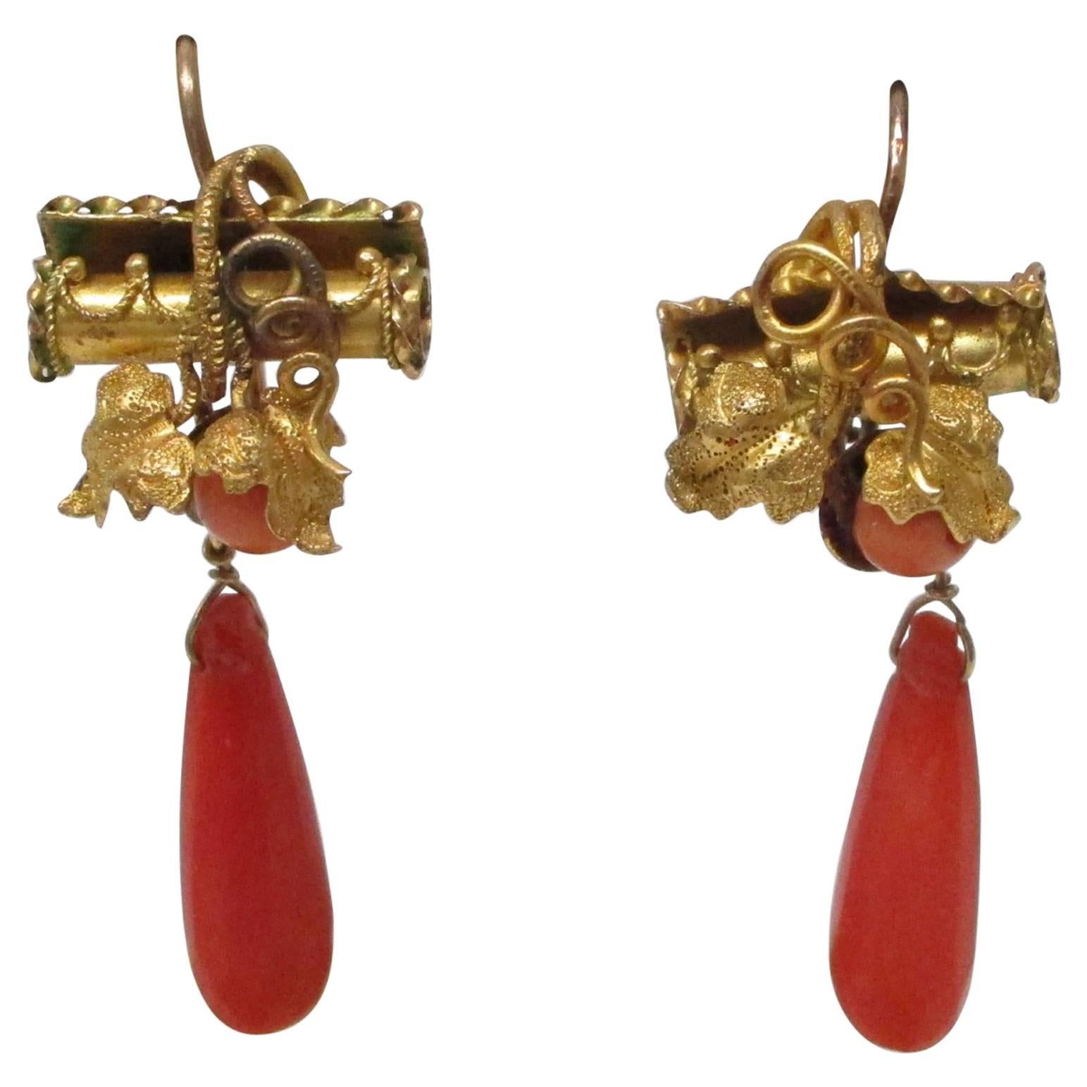 Georgian Coral Yellow Gold Earrings