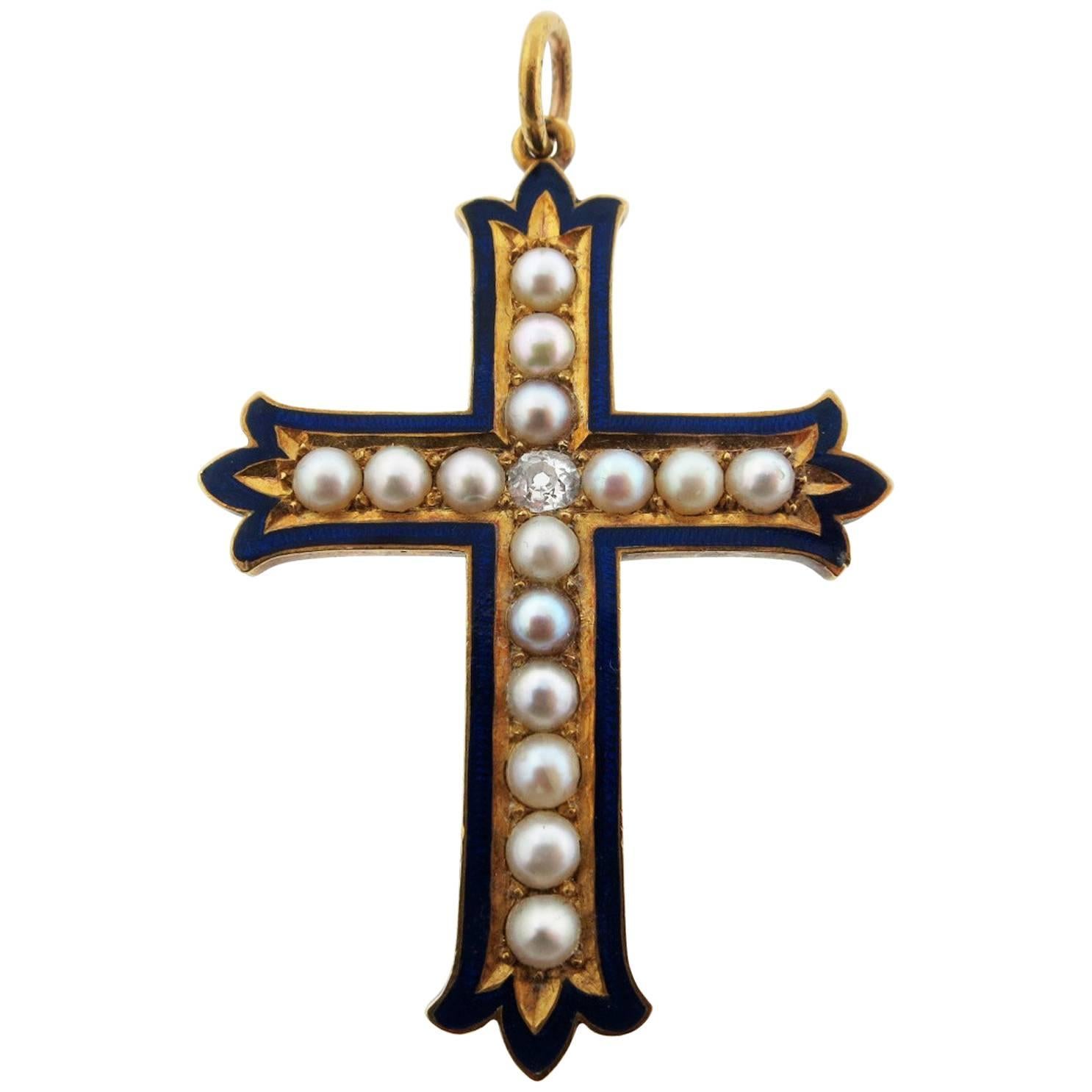 Antique Victorian Enamel Natural Pearl and Diamond Cross For Sale