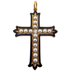 Antique Victorian Enamel Natural Pearl and Diamond Cross