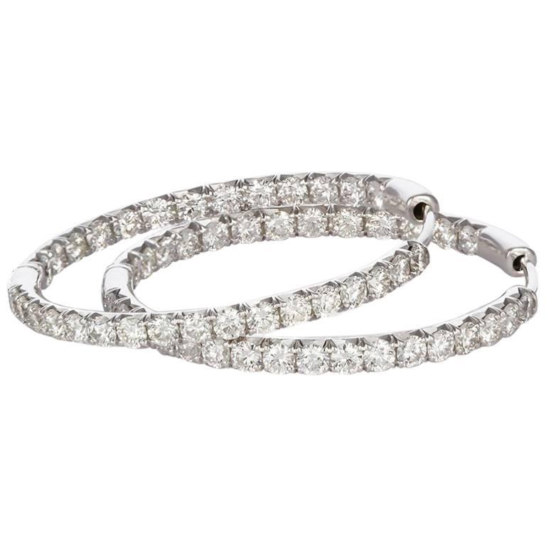 Martin Katz 18 Karat White Gold and Diamond Hoop Earrings 3.60 Carat