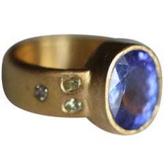 22k Gold Ring with 4.6Ct Tanzanite Yellow Diamonds Handmade Modern in stock